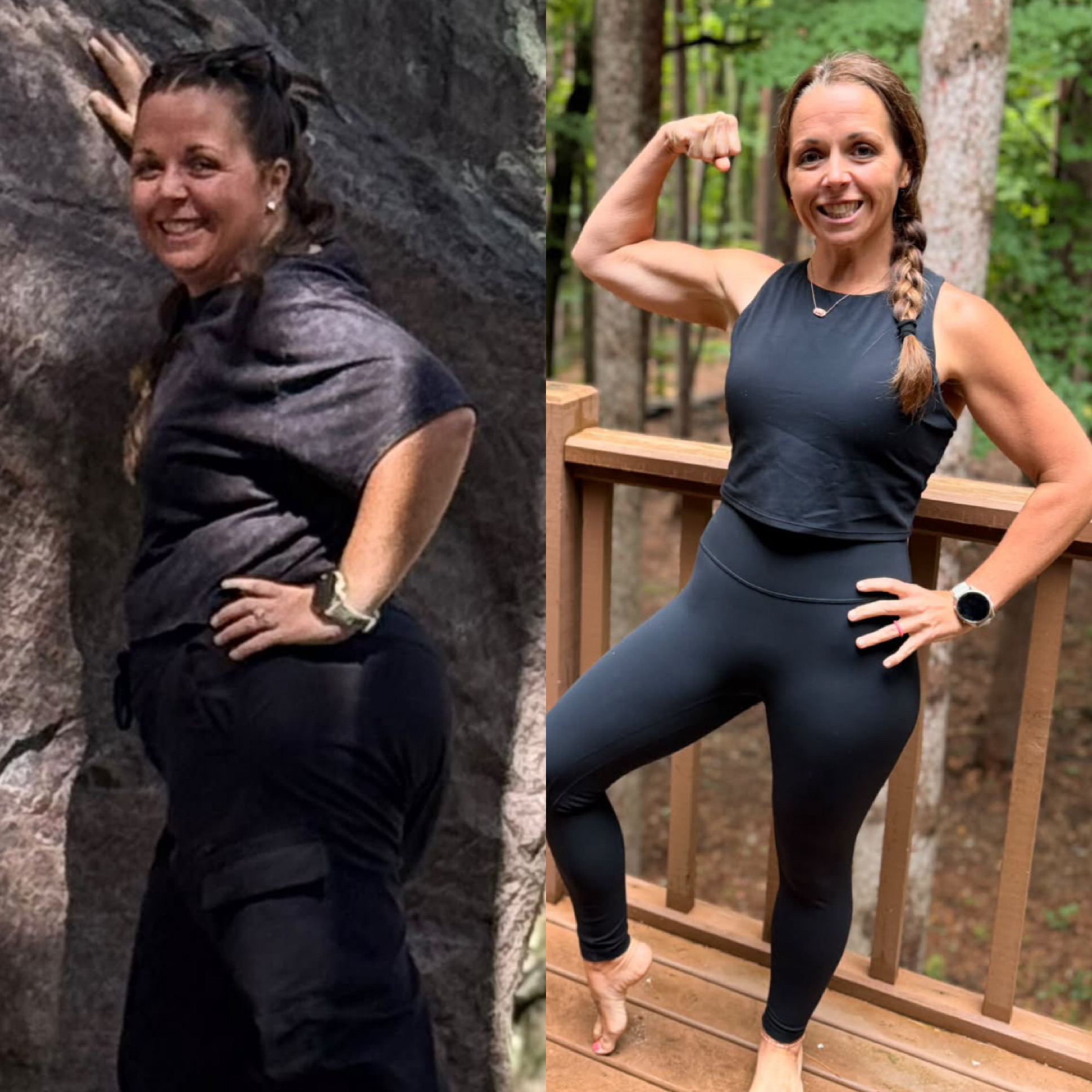 Robin's side-by-side before-and-after photos; in the after photo, she smiles and flexes her arm outdoors.