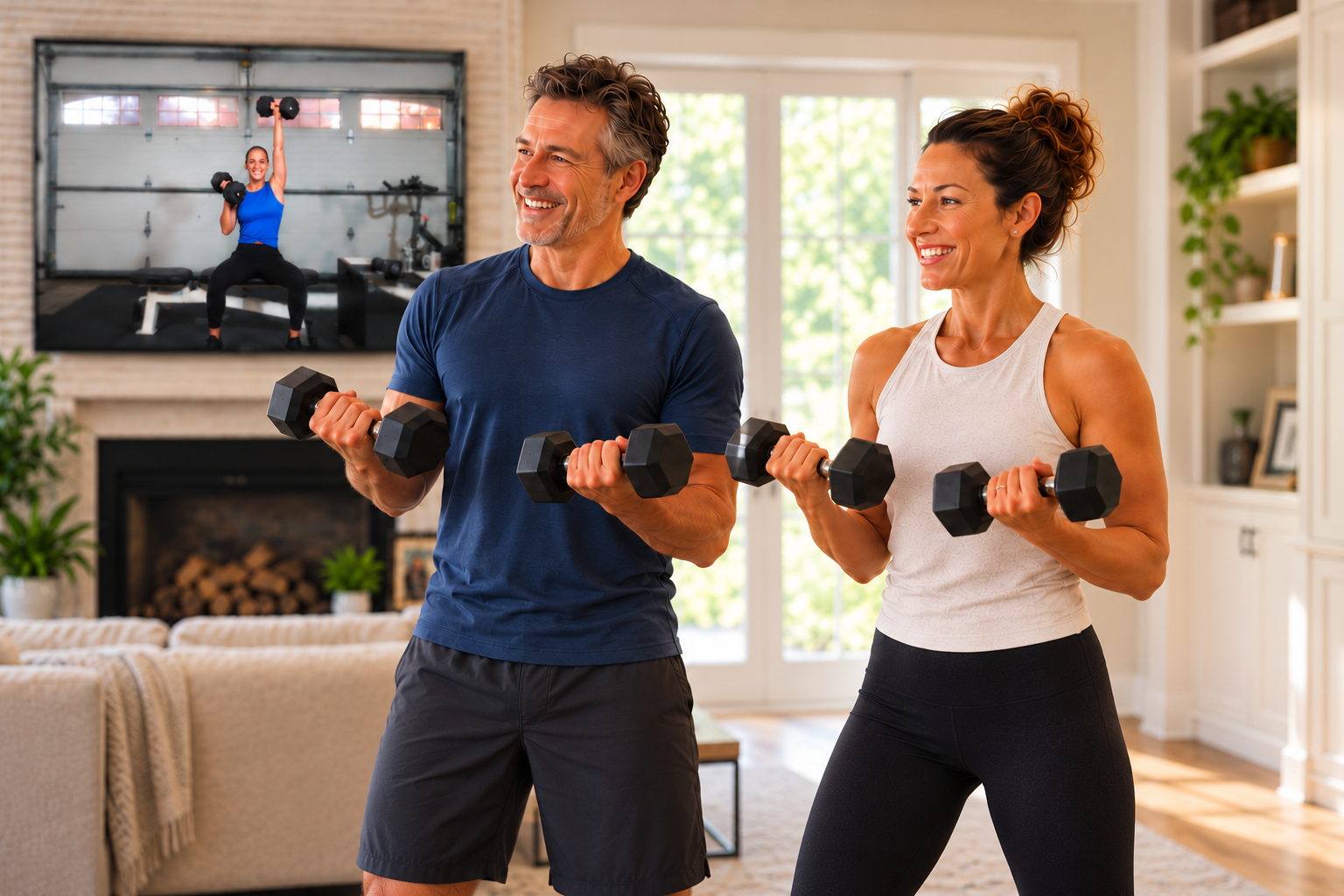Illustrative GetFitRx scene, not actual members: a woman and man strength training together at home while following a GetFitRx class on TV