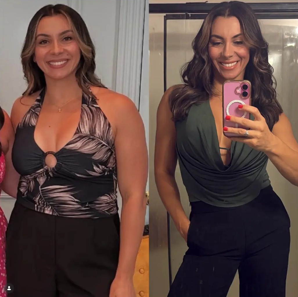 Nicole Costa's side-by-side before-and-after photos; in the after photo she smiles while taking a mirror selfie.