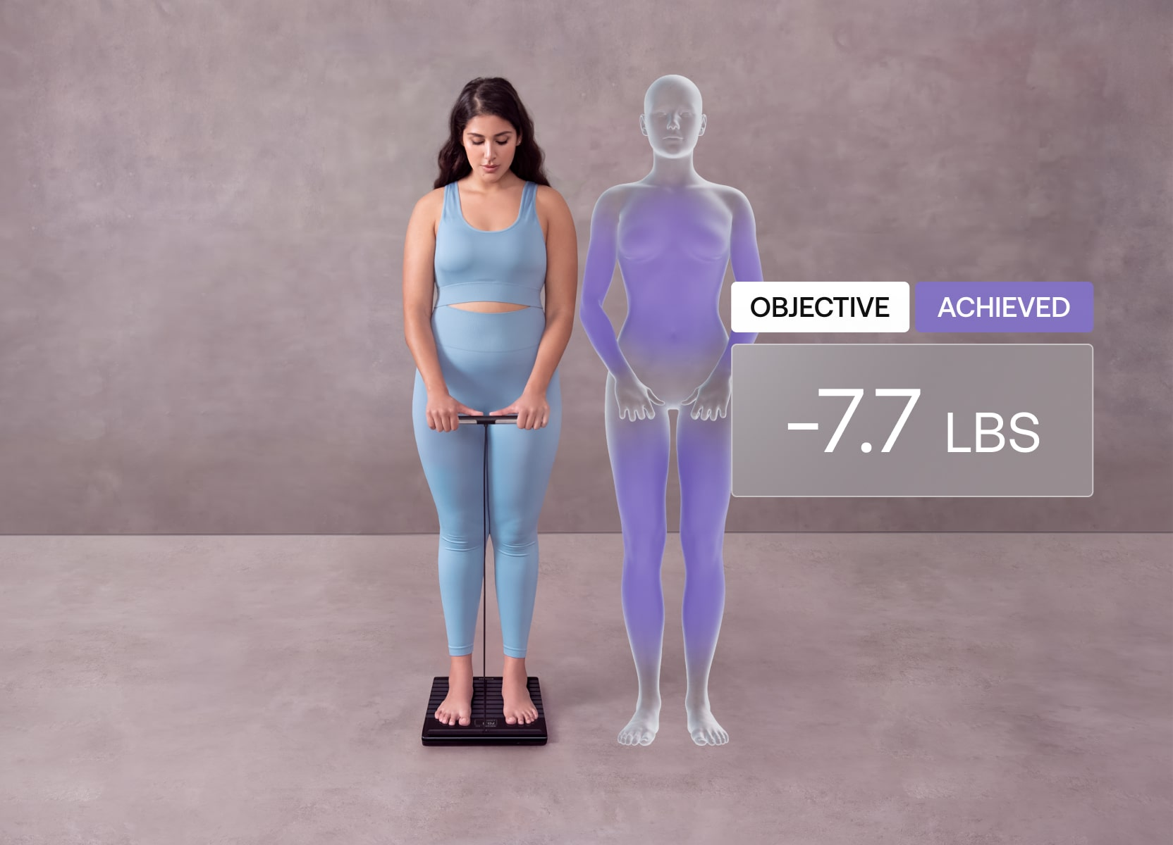 Shape Scan Scale showing -7.7 lbs body composition objective achieved
